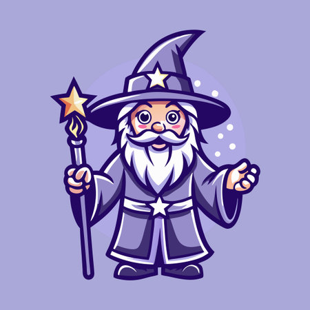 Cartoon Wizard Wields Magical Wand for Enchanting Adventuresのイラスト素材