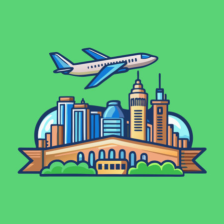 Majestic Metropolis Skyline with Soaring Airplaneのイラスト素材