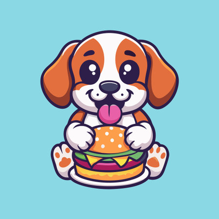 Adorable Puppy Mascot Character Enjoying a Juicy Burger with Joyful Expressionのイラスト素材