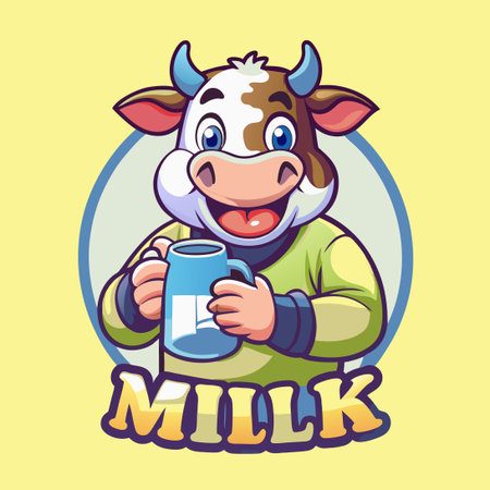 Cheerful Cow Mascot Character Enjoying a Refreshing Milk Treatのイラスト素材