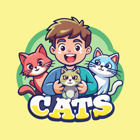 Boy Carrying Cats in Cute Vector Logo Character Designのイラスト素材