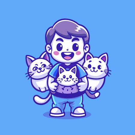 Cute Boy Embracing Adorable Cats in Vehicle Emblem Designのイラスト素材