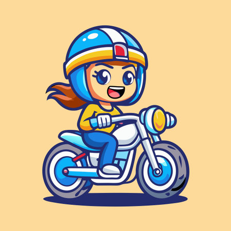 Energetic Cartoon Girl Rides Stylish Motorcycle Wearing Yellow Helmetのイラスト素材