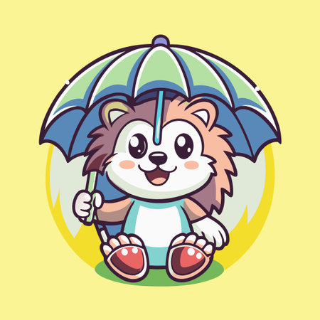 Adorable Hedgehog Sheltering Under a Colorful Umbrella Vector Characterのイラスト素材