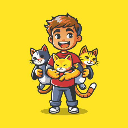 Adorable Boy in a Car Carrying Cute Cats Illustrative Logoのイラスト素材