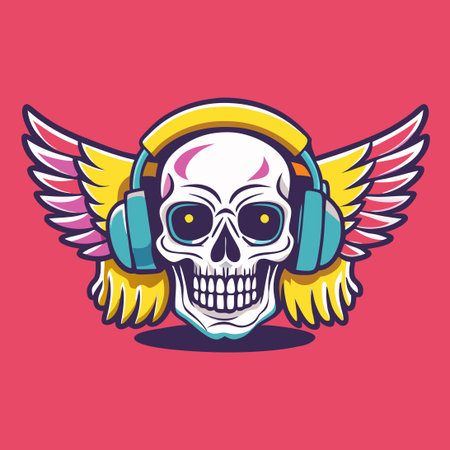Skeletal Symphony: A Skull's Musical Journey with Angelic Wingsのイラスト素材