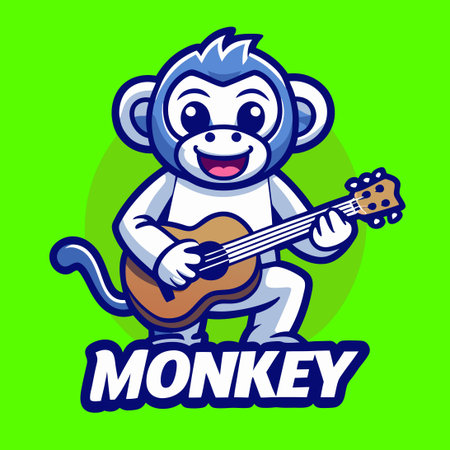 Playful Monkey Mascot Character Playing Acoustic Guitar with Animated Expressionのイラスト素材
