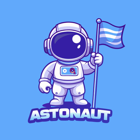 Astronaut Mascot Character Holding Flag Vector Logo Illustrationのイラスト素材