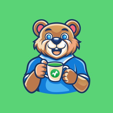 Cheerful Bear Mascot Character Drinking with a Straw Capのイラスト素材