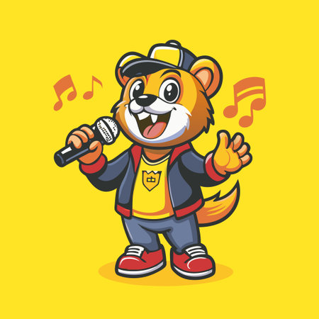 Cheerful Cartoon Bear Mascot Logo Vector Character Singing a Tuneのイラスト素材