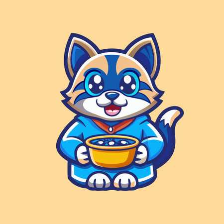 Cute Cartoon Cat Mascot Character Sipping Milk from a Bowlのイラスト素材