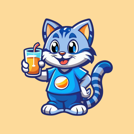 Cartoon Character of a Cat Drinking from a Mug with Vector Logoのイラスト素材