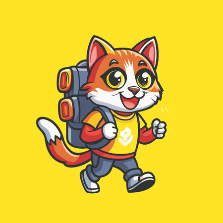 Adorable Cat Character Pushing a Backpack Cart with Vector Logo Mascotのイラスト素材