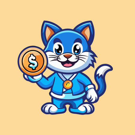 Mascot Logo of a Cat Holding a Coin in a Shopping Cartのイラスト素材
