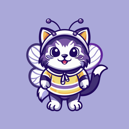 Whimsical Cat Adorned with Buzzing Bee Vector Mascot Character Designのイラスト素材