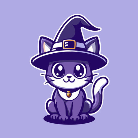 Cute Black Cat Mascot Witch Wearing a Cone Hat for Halloweenのイラスト素材