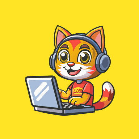Cute Cartoon Cat Playing with a Computer Vector Logo Characterのイラスト素材