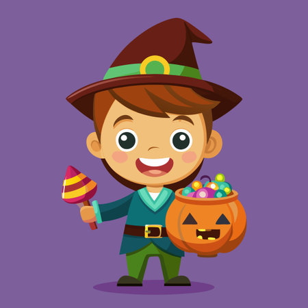 Boy in Witch Costume Trick-or-Treating with a Bucket of Candyのイラスト素材