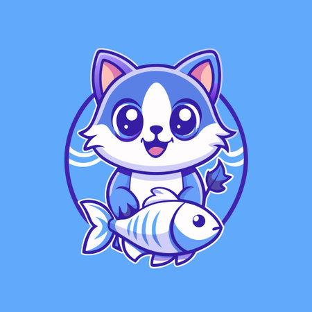 Cute and Playful Cat Mascot with a Fish in Its Mouthのイラスト素材