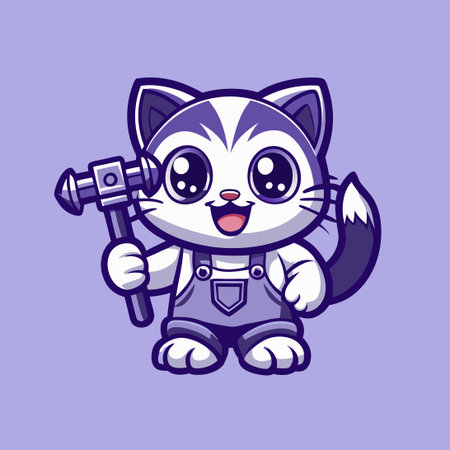Adorable Cat Holding a Hammer in a Mascot Cartoon Character Vectorのイラスト素材