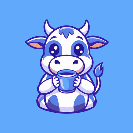 Adorable Cow Character Enjoying a Refreshing Beverage in Vector Mascot Formのイラスト素材