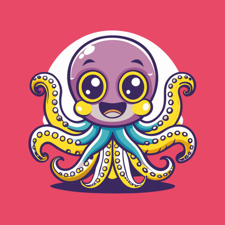 Adorable Cartoon Octopus Illustration with Delightful Expressionsのイラスト素材