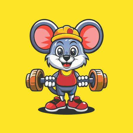 Cute Mascot Mouse Excels at Exercise in a Vibrant Gymのイラスト素材