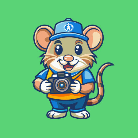Adorable Photographer Rat Mascot Logo Character with Camera and Cheeseのイラスト素材