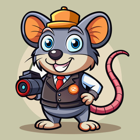 Cute Photographer Rat Mascot Character with Camera and Cheese Propのイラスト素材
