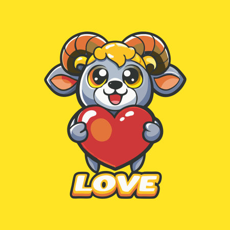 Adorable Cartoon Ram Holding a Heart with Lovey-Dovey Eyesのイラスト素材