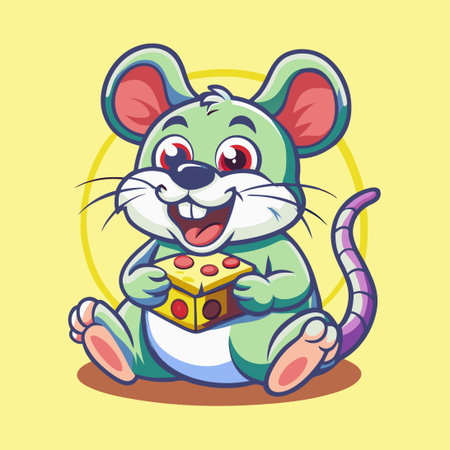 Adorable Rat Character Munching on Cheese Vector Mascot Illustrationのイラスト素材