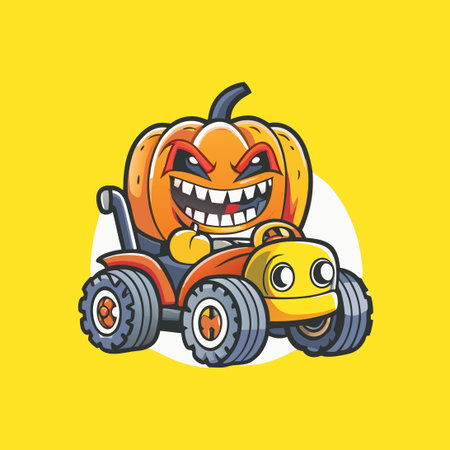 Adorable Pumpkin Vampire Tractor Farmer Cartoon Character with Silly Hatのイラスト素材