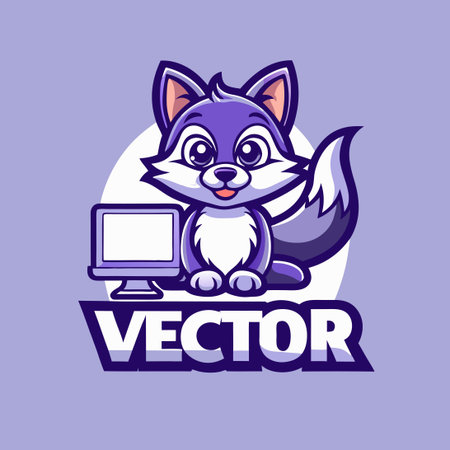 Cartoon Fox and Computer Vector Logo Mascot Cart Character Designのイラスト素材