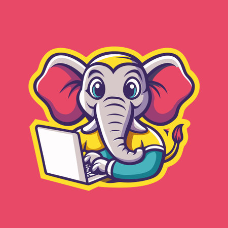 Vector Mascot Character of an Elephant Using a Laptop with a Letter C Logoのイラスト素材
