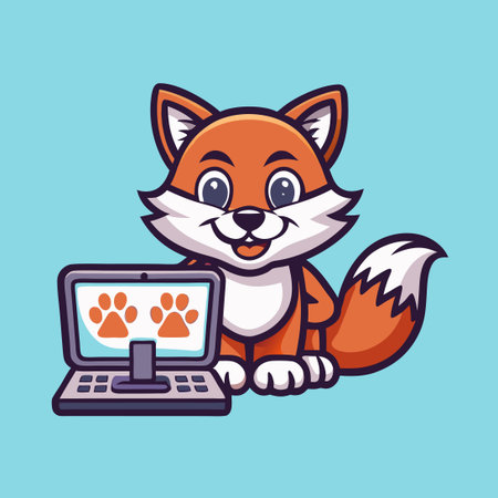 Adorable Cart-Riding Fox Mascot Vector Character with Computerのイラスト素材