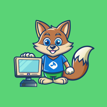 Lovable Fox and Computer Mascot Adorned in a Shopping Cart Vector Logo Characterのイラスト素材