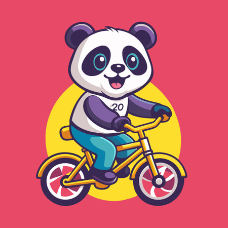 Panda Mascot Vector Logo Character Riding a Bike in a Carのイラスト素材