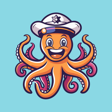 Smiling Red Octopus Adorned with a Charming Hat: A Playful Marine Characterのイラスト素材