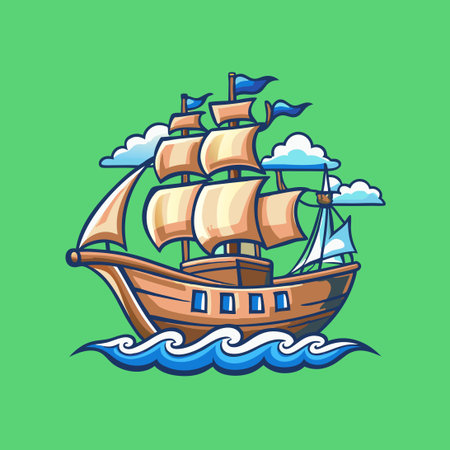 Vintage-Style Sailing Ship Character in Vector Formatのイラスト素材