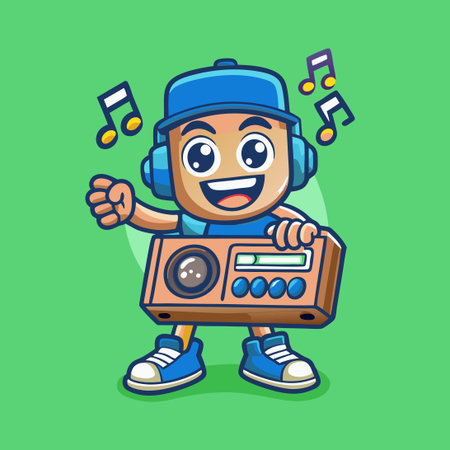 Adorable Portable Music Box Mascot Character with a Cheerful Tuneのイラスト素材