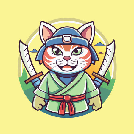 Cartoon Vector Masquerade of a Fearsome Samurai Catのイラスト素材
