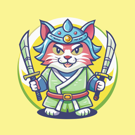 Cartoon Samurai Cat Vector Mascot Character with Fierce Gazeのイラスト素材