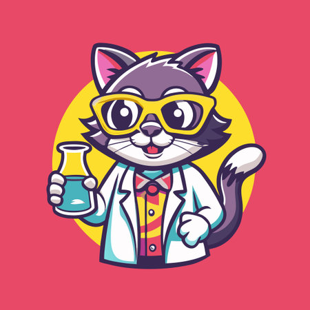 Smart Scientist Cat Mascot Holding Test Tube in Lab for Science Education Logoのイラスト素材