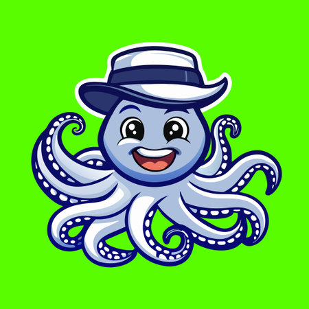 Amusing Cartoon of an Octopus Wearing a Hat and Grinningのイラスト素材