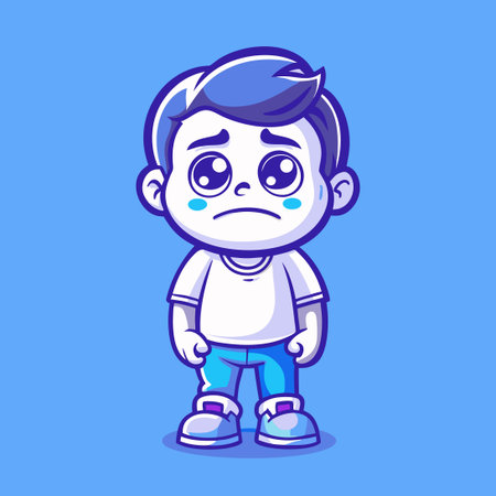Cartoon Illustration of a Melancholy Boy Standing Alone with Vector Graphicsのイラスト素材