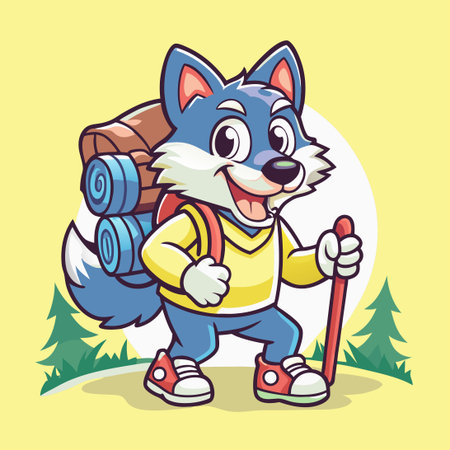 Cartoon Character: Wolf on an Adventurous Hikeのイラスト素材