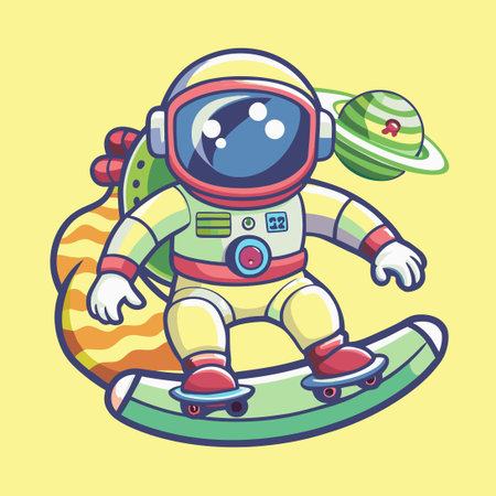 Vector Logo of an Astronaut Skater Character Riding a Shopping Cartのイラスト素材
