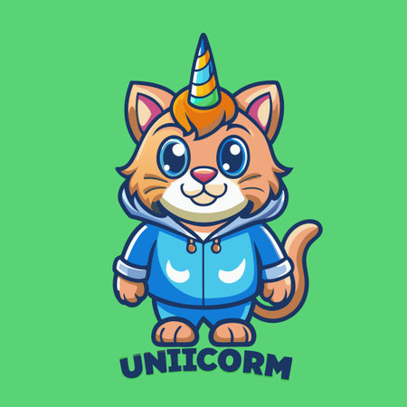 Whimsical Cartoon Cat Unicorn Mascot Vector Character with Rainbow Maneのイラスト素材