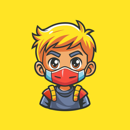 Cartoon Vector Illustration of an Adorable Boy Wearing a Protective Face Maskのイラスト素材