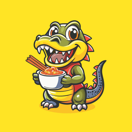 Adorable Crocodile Mascot Character Enjoying a Noodle Mealのイラスト素材